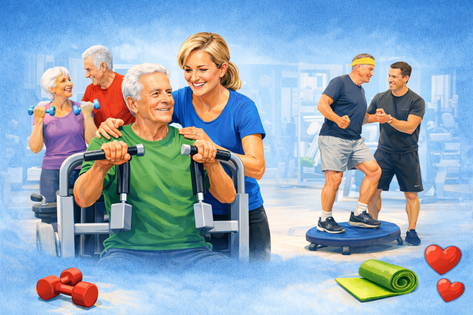 Digitaalinen kuvitus kuntosalilta, jossa vaaleatukkainen nainen ohjaa iäkästä miestä rintalihaskoneella, taustalla vanhempi pariskunta harjoittelee käsipainoilla ja toinen iäkäs mies tasapainolevyllä nuoremman miehen opastamana. Etualalla joogamatto ja punaiset käsipainot.